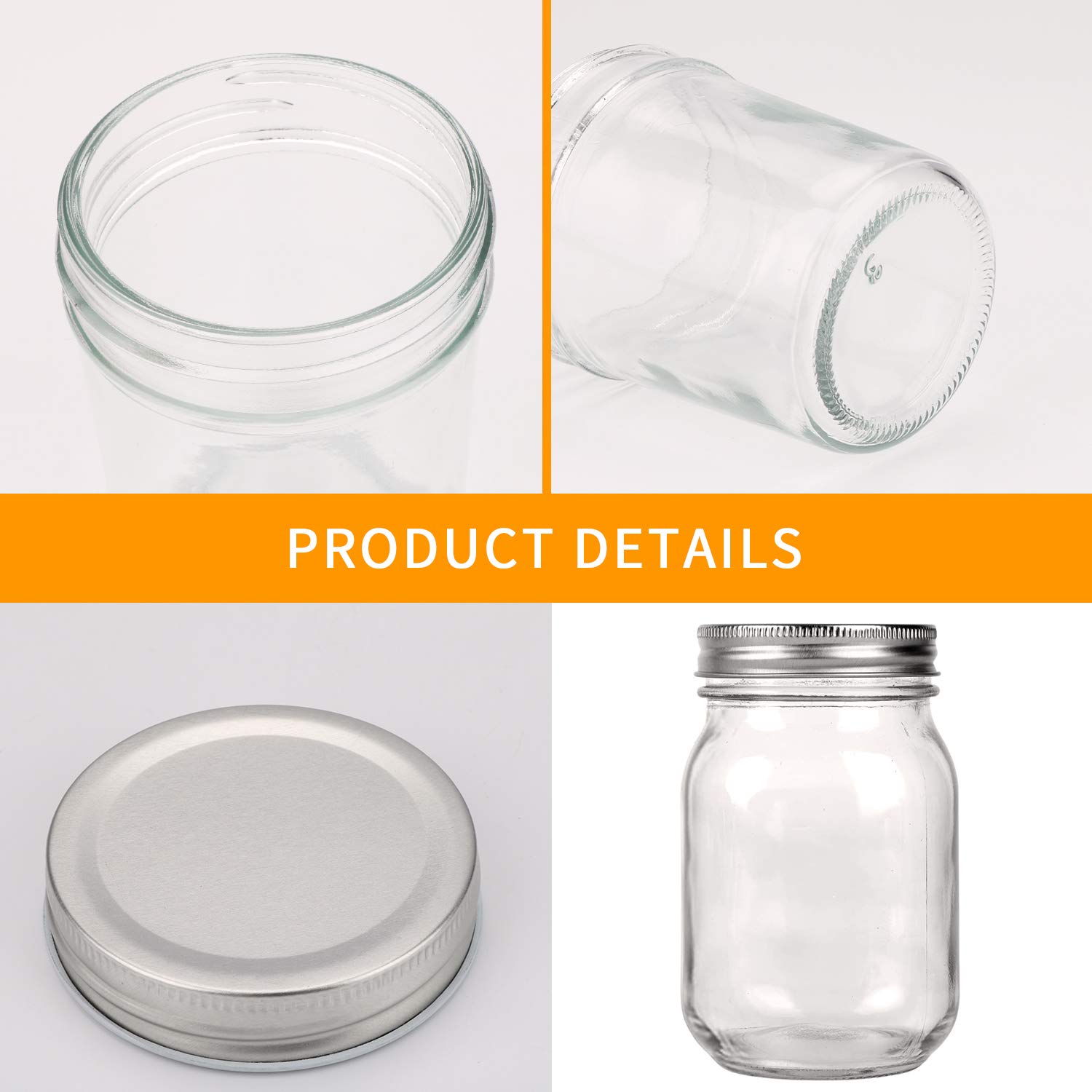 Accguan 16oz Glass Mason Jars with Regular Airtight Lids Ideal for Jam,Honey,Shower/Wedding Favors, Clear, 15 pack