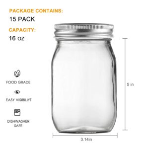 Accguan 16oz Glass Mason Jars with Regular Airtight Lids Ideal for Jam,Honey,Shower/Wedding Favors, Clear, 15 pack