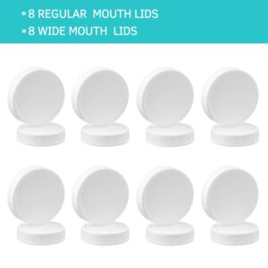 Aozita 16-Pack Plastic Mason Jar Lids with Sealing Rings - Storage Caps for Ball Kerr Canning Jars - 8 Regular Mouth and 8 Wide Mouth Jar Lids - 100% Sealing