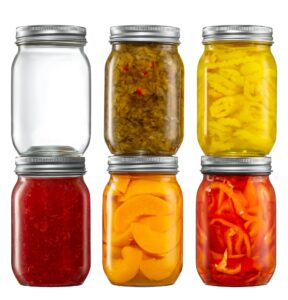 [6 pack] 16 oz. regular-mouth glass mason jars with metal airtight lids and bands for 1 pint canning, preserving, & meal prep