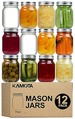 KAMOTA Mason Jars 16 OZ With Regular Lids and Bands, Ideal for Meal Prep, Jam, Honey, Wedding Favors, Shower Favors, Baby Foods, DIY Spice Jars, 12 PACK, 20 Whiteboard Labels Included