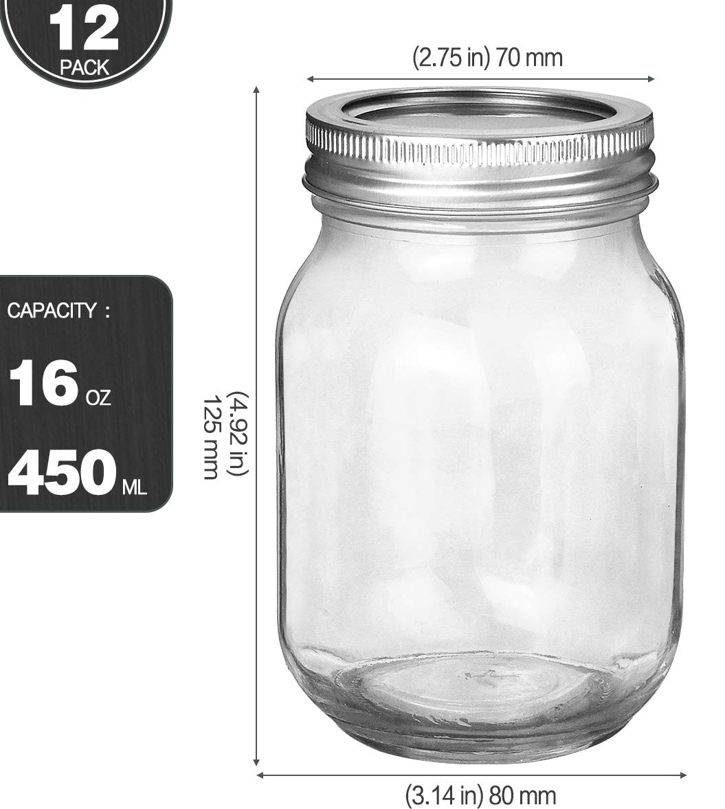 KAMOTA Mason Jars 16 OZ With Regular Lids and Bands, Ideal for Meal Prep, Jam, Honey, Wedding Favors, Shower Favors, Baby Foods, DIY Spice Jars, 12 PACK, 20 Whiteboard Labels Included