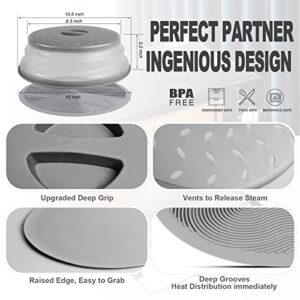2 in 1, Upgrade Microwave Food Cover & Mat- Mat as Bowl Holder, Cover for Plates Splatter Guard, 10 Inch Silicone Multi-Purpose Mat & Collapsible Lid for Microwave Clean, BPA Free, Easy Grip, Grey