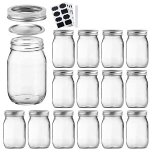 accguan 16oz / 500ml mason jars with airtight lids, glass jar with regular lids, clear glass jar ideal for jam,honey,wedding favors,shower favors, set of 15