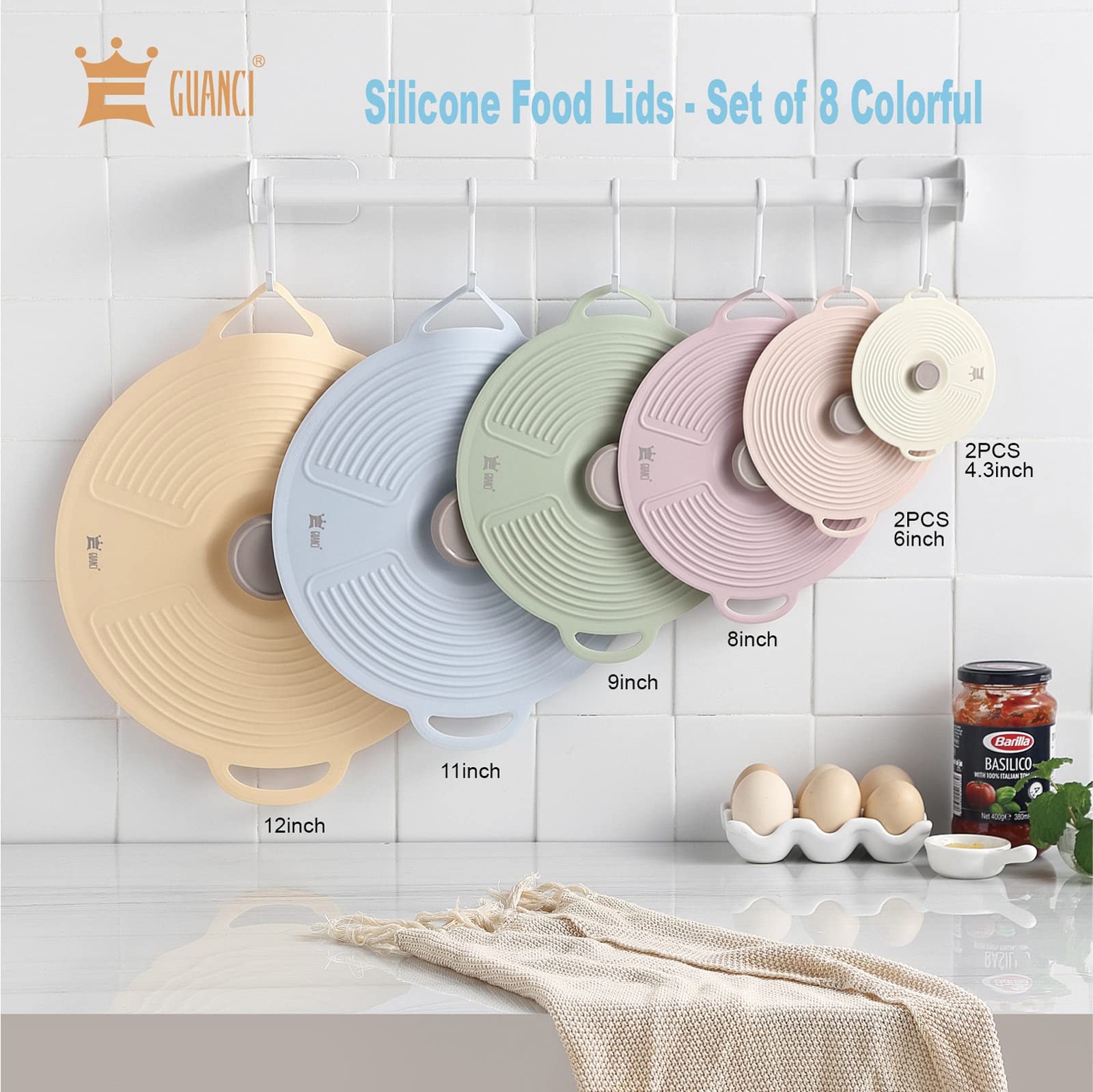 GUANCI Set of 8 Silicone Lids, Reusable Suction Microwave Food Storage Cover Food-Grade Grip fits Cups, Bowls, Plates, Pots, Fridge Dishwasher Safe