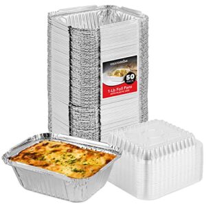 stock your home 1 lb small aluminum pans with lids (50 pack) foil pans + clear plastic lids, disposable cookware, takeout trays with lids - to go disposable food containers for restaurants & catering