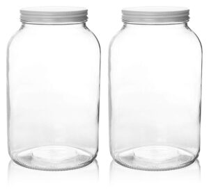 kitchentoolz 1 gallon glass jar with lid wide mouth large mason, leak proof airtight metal lid for fermenting kombucha kefir kimchi, canning, egg water glassing, & preserving pack of 2