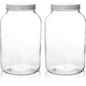 kitchentoolz 1 Gallon Glass Jar with Lid Wide Mouth Large Mason, Leak Proof Airtight Metal Lid for Fermenting Kombucha Kefir Kimchi, Canning, Egg Water Glassing, & Preserving Pack of 2