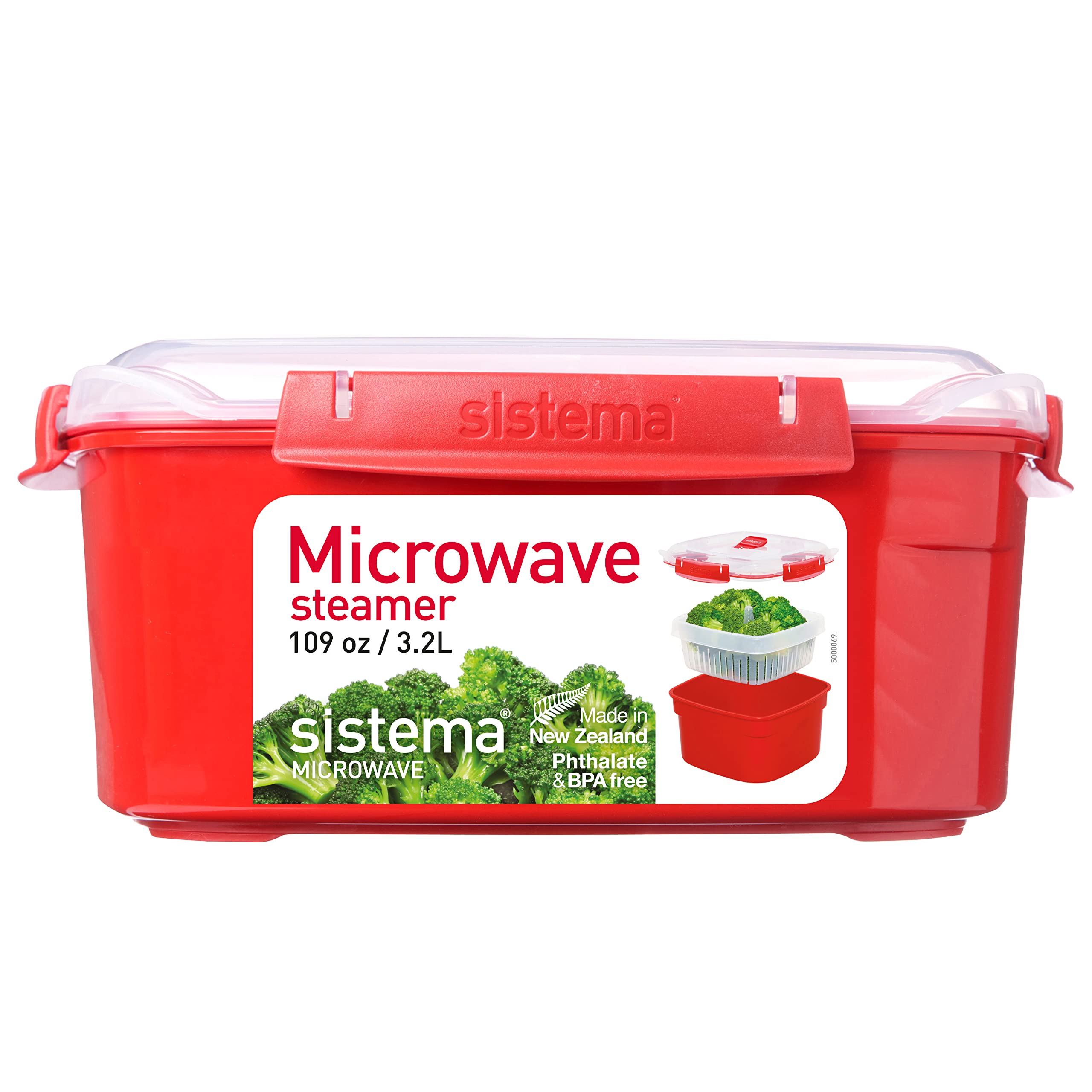 Sistema Microwave Steamer for Cooking Food and Vegetables with Steam Release Vent, Dishwasher Safe, 13.6 Cup, Red