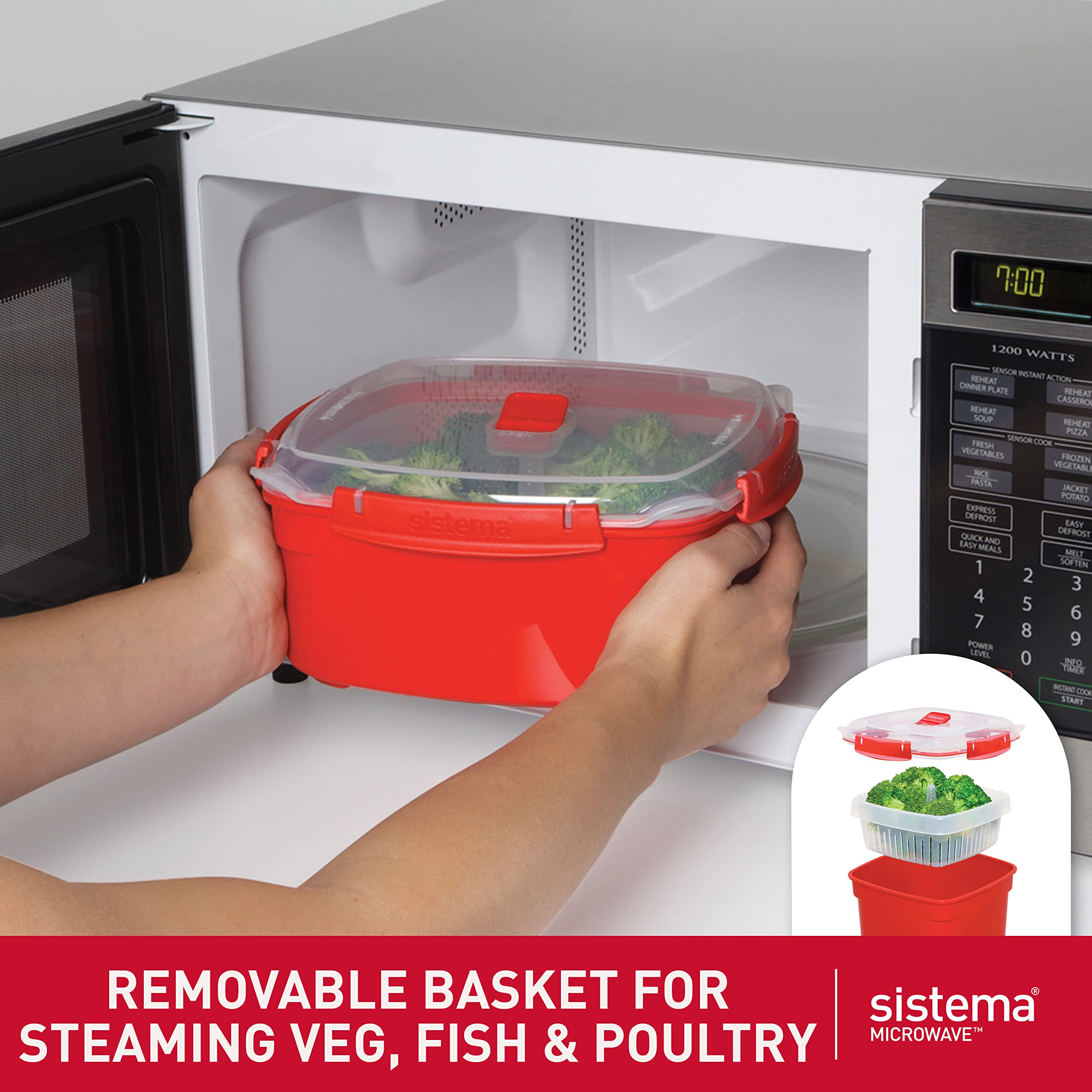 Sistema Microwave Steamer for Cooking Food and Vegetables with Steam Release Vent, Dishwasher Safe, 13.6 Cup, Red