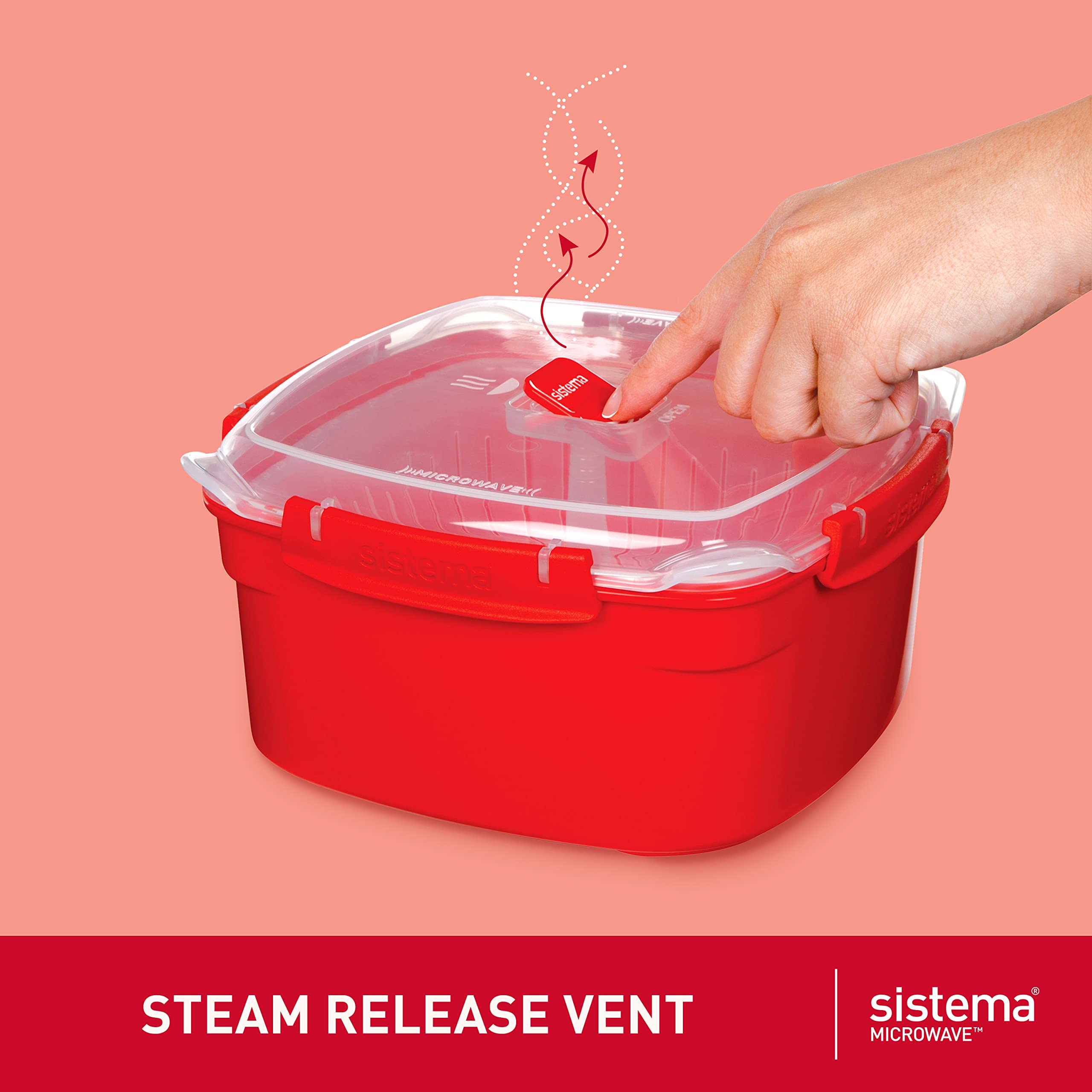 Sistema Microwave Steamer for Cooking Food and Vegetables with Steam Release Vent, Dishwasher Safe, 13.6 Cup, Red
