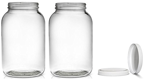 2 Pack ~ Wide Mouth 1 Gallon Clear Glass Jar - White Lid with Liner Seal for Fermenting Kombucha/Kefir, and Storing Food - USDA Approved, Dishwasher Safe