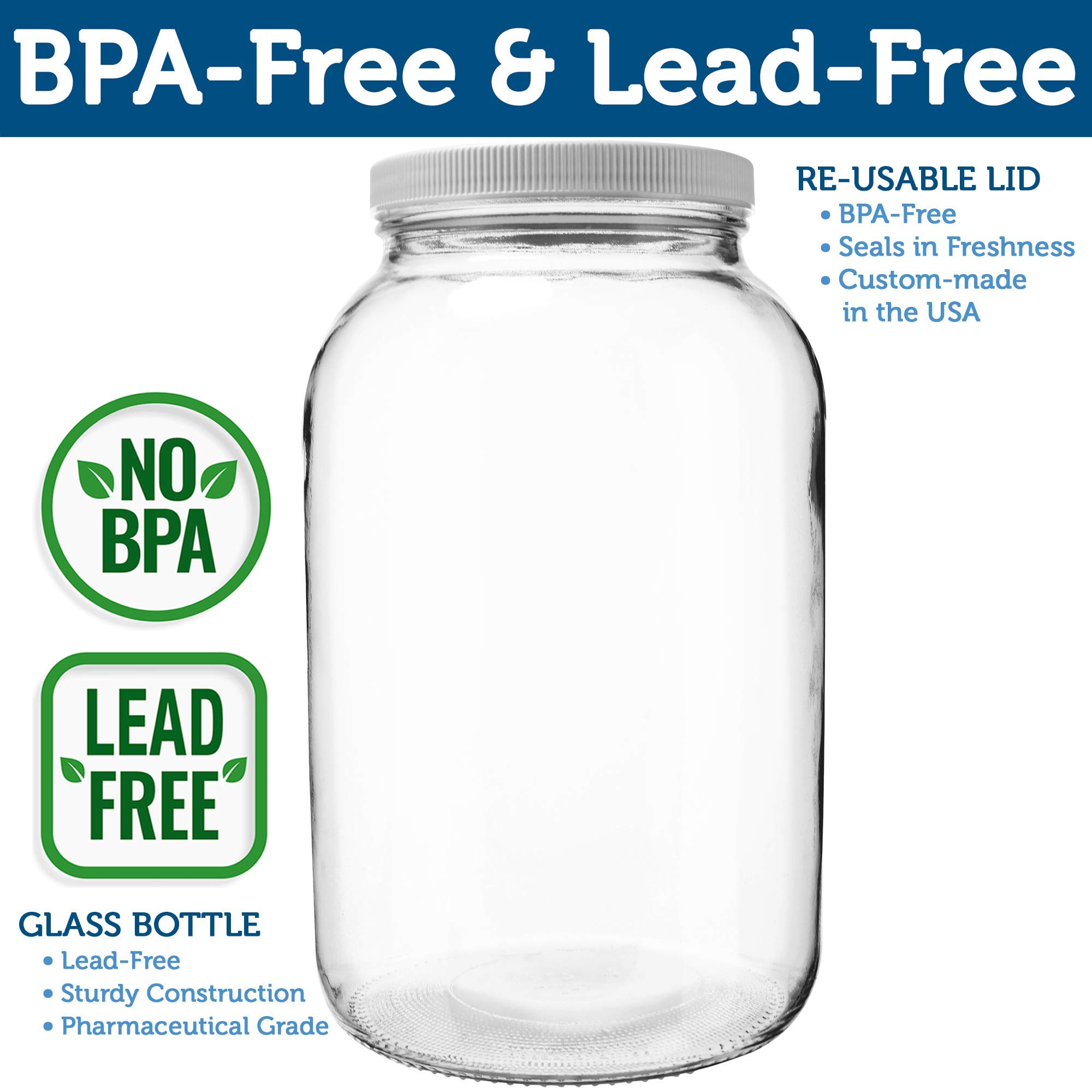 2 Pack ~ Wide Mouth 1 Gallon Clear Glass Jar - White Lid with Liner Seal for Fermenting Kombucha/Kefir, and Storing Food - USDA Approved, Dishwasher Safe