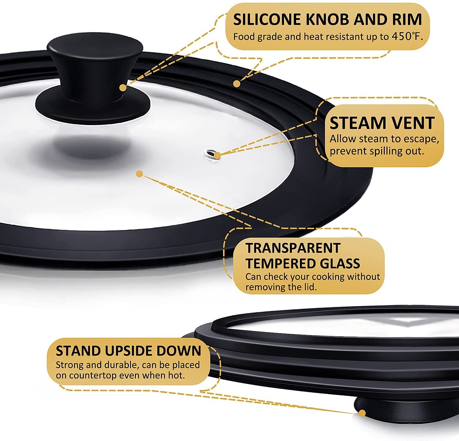 Ydeapi Universal Lids for Pots, Pans & Skillets - Fits 7", 8" & 9" Diameter, 10", 11" & 12" Diameter Cookware, Tempered Glass with High Heat Resistant Silicone Rim (2PK)