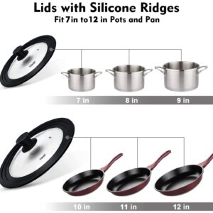 Ydeapi Universal Lids for Pots, Pans & Skillets - Fits 7", 8" & 9" Diameter, 10", 11" & 12" Diameter Cookware, Tempered Glass with High Heat Resistant Silicone Rim (2PK)