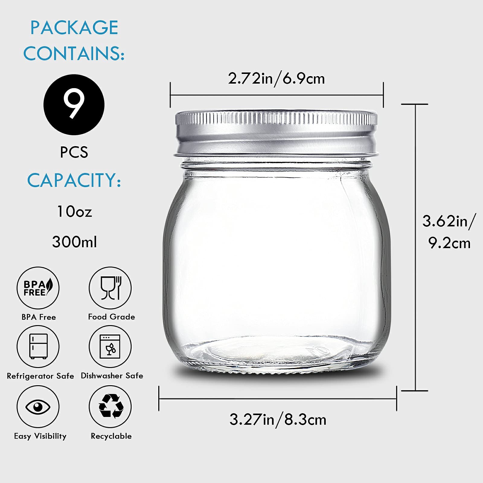 YEBODA 9 Pack Wide Mouth Mason Jars 10 oz Glass Canning Jars with Airtight Lids and Bands for Preserving, Jam, Honey, Jelly, Wedding Favors, Shower Favors, Sauces, DIY Spice Jars