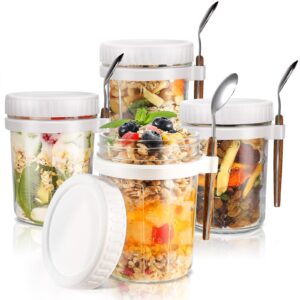 overnight oats jars with spoon and lid (15 oz4pack), airtight oatmeal container with measurement marks, mason jars with lid for cereal on the go container (4 white)