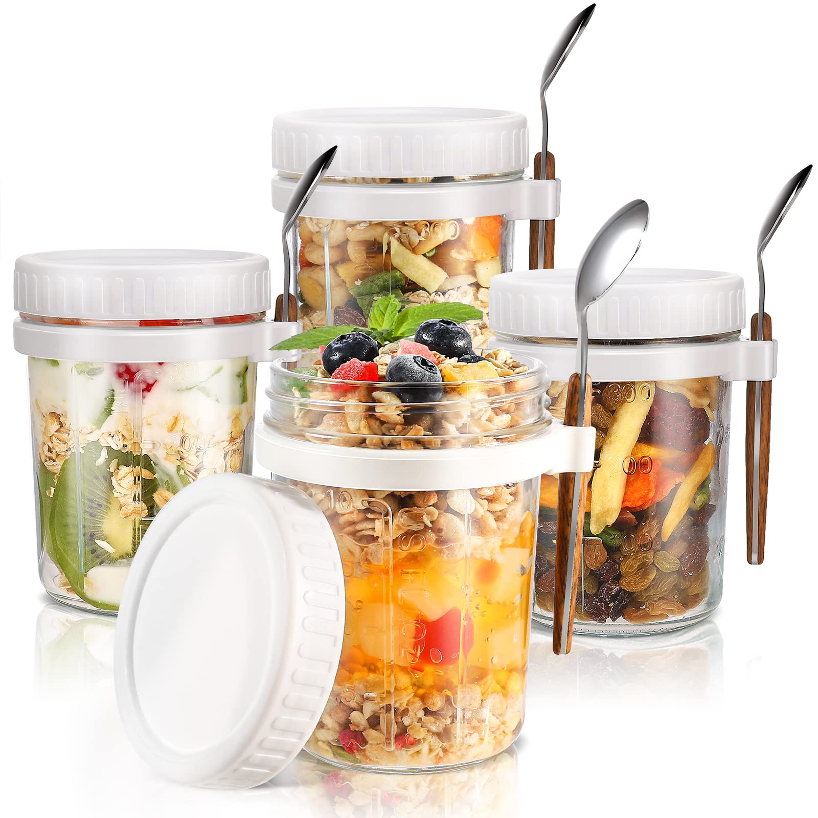 Overnight Oats Jars with Spoon and Lid (15 oz4Pack), Airtight Oatmeal Container with Measurement Marks, Mason Jars with Lid for Cereal On The Go Container (4 white)