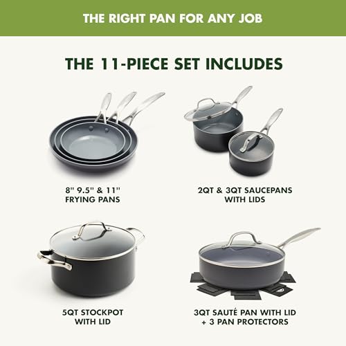 GreenPan Valencia Pro Hard Anodized Healthy Ceramic Nonstick 11 Piece Cookware Pots and Pans Set, PFAS-Free, Induction, Dishwasher Safe, Oven Safe, Gray