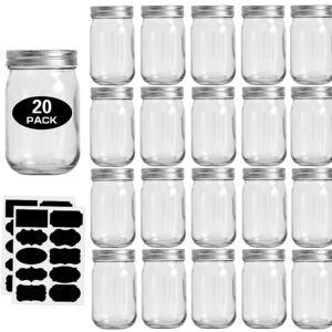 12oz Glass Jars With Lids Regular Mouth 20 Pack -Mason Jars 12 oz For Crafts, Meal Prep, Canning Jars For Food Storage Frascos De Vidrio Con Tapa Para Conservas-with 20 Chalkboard Stickers-Silver Lid