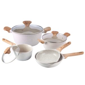 country kitchen nonstick induction cookware sets - 8 piece nonstick cast aluminum pots and pans with bakelite handles - non-toxic pots and pans- speckled cream with light wood handles