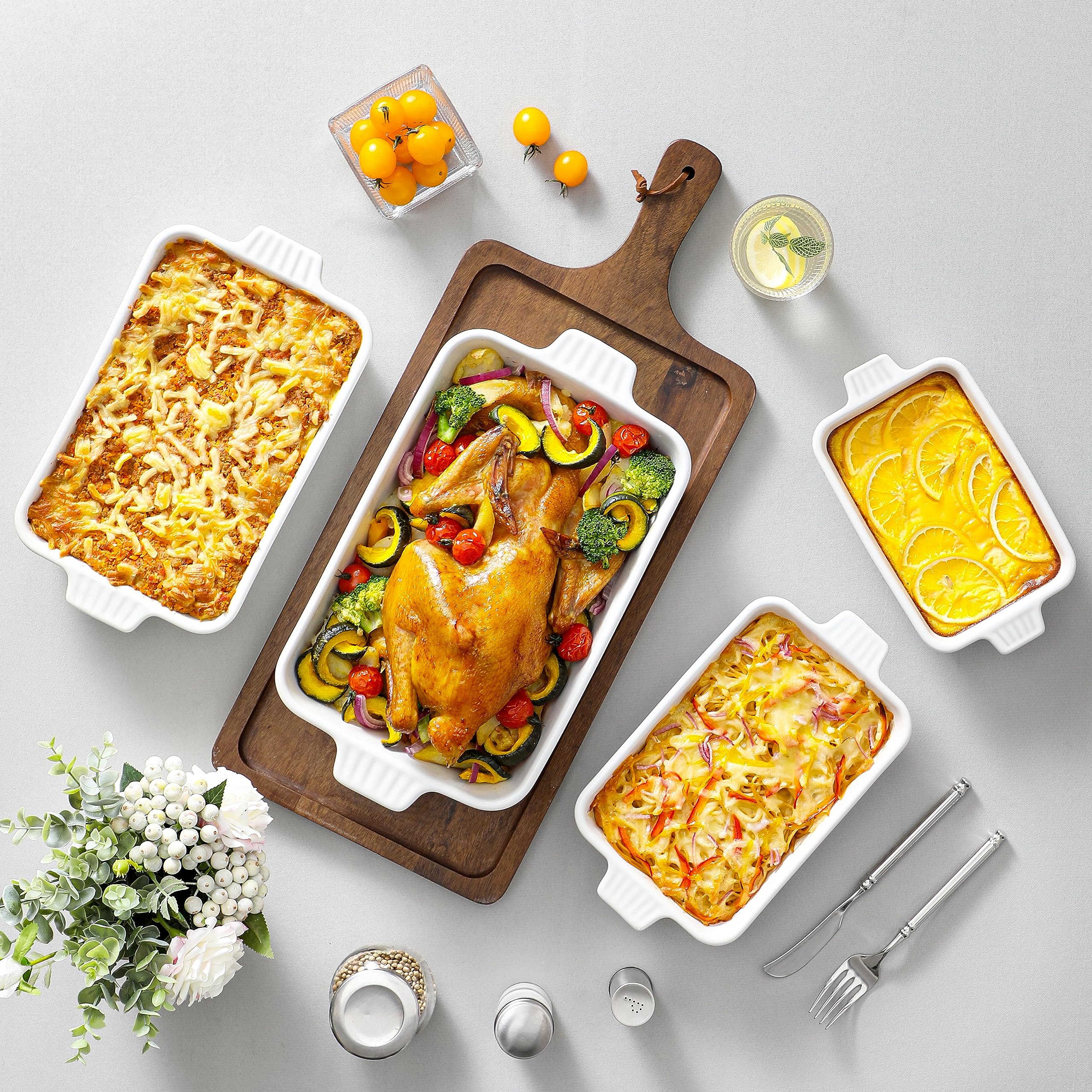 MALACASA Casserole Dishes for Oven, Porcelain Baking Dishes, Ceramic Bakeware Sets of 4, Rectangular Lasagna Pans Deep with Handles for Baking Cake Kitchen, White (9.4"/11.1"/12.2"/14.7"), Series