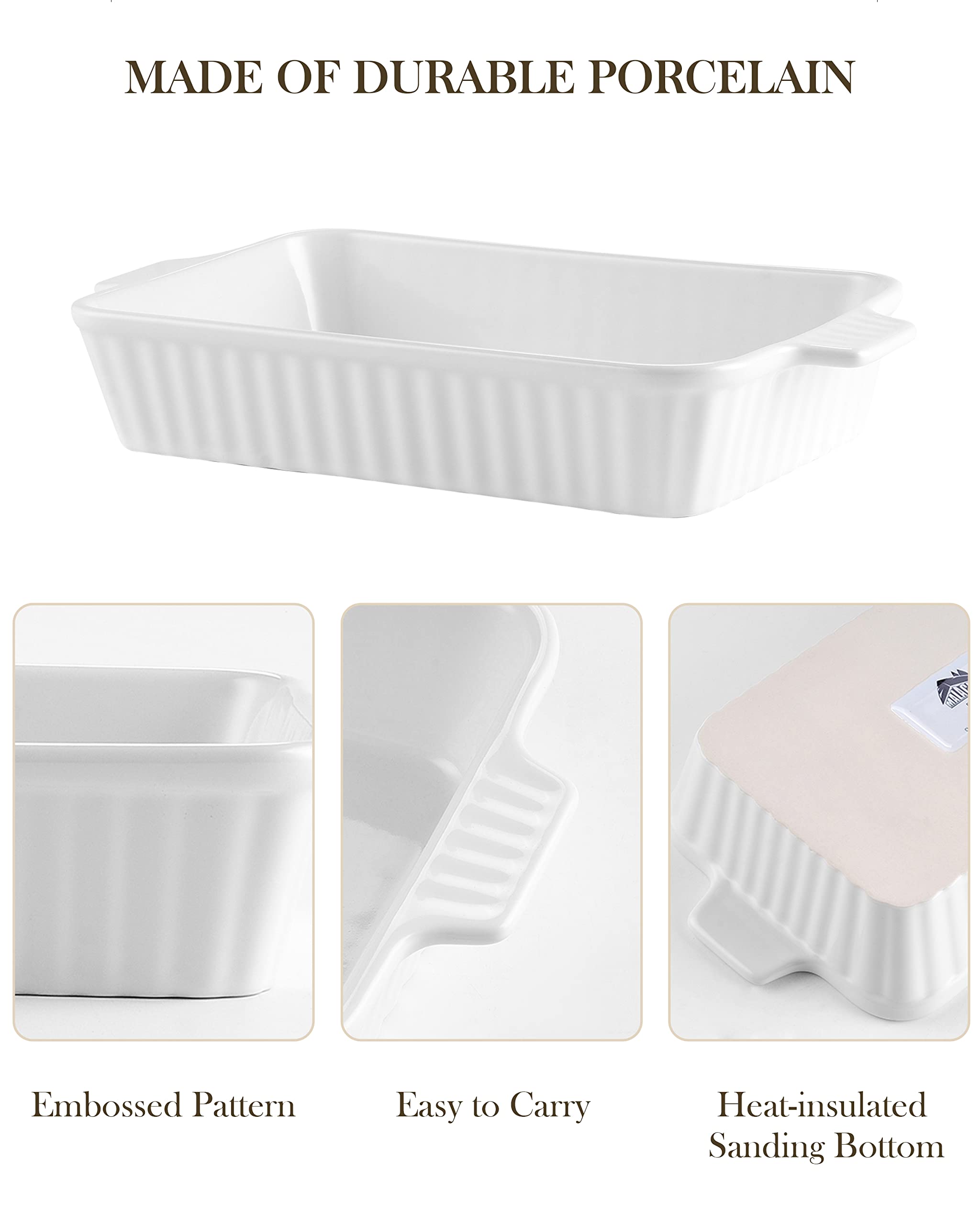 MALACASA Casserole Dishes for Oven, Porcelain Baking Dishes, Ceramic Bakeware Sets of 4, Rectangular Lasagna Pans Deep with Handles for Baking Cake Kitchen, White (9.4"/11.1"/12.2"/14.7"), Series