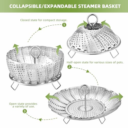 Steamer Basket, Premium Stainless Steel Vegetable Steamer Basket for Veggies & Seafood Cooking, Expandable Food Steaming Basket Fits for Various Size Pots & Pans (6.4" to 10") LAIHIFA