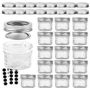 verones mason/canning jars, 4 oz jelly jars with regular lids and bands, ideal for jam, honey, wedding/shower favors, diy spice jars, 16 pack, extra 16 lids