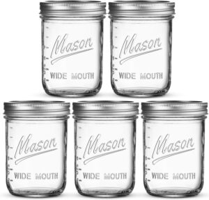 sewanta wide mouth mason jars 16 oz with mason jar lids and bands, mason jars 16 oz - for canning, fermenting, pickling - jar décor - microwave/freeze/dishwasher safe. (4)