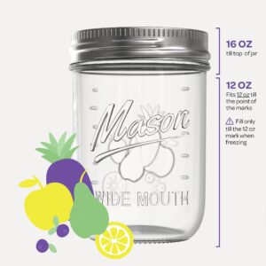 SEWANTA Wide Mouth Mason Jars 16 oz With mason jar lids and Bands, mason jars 16 oz - For Canning, Fermenting, Pickling - Jar Décor - Microwave/Freeze/Dishwasher Safe. (4)