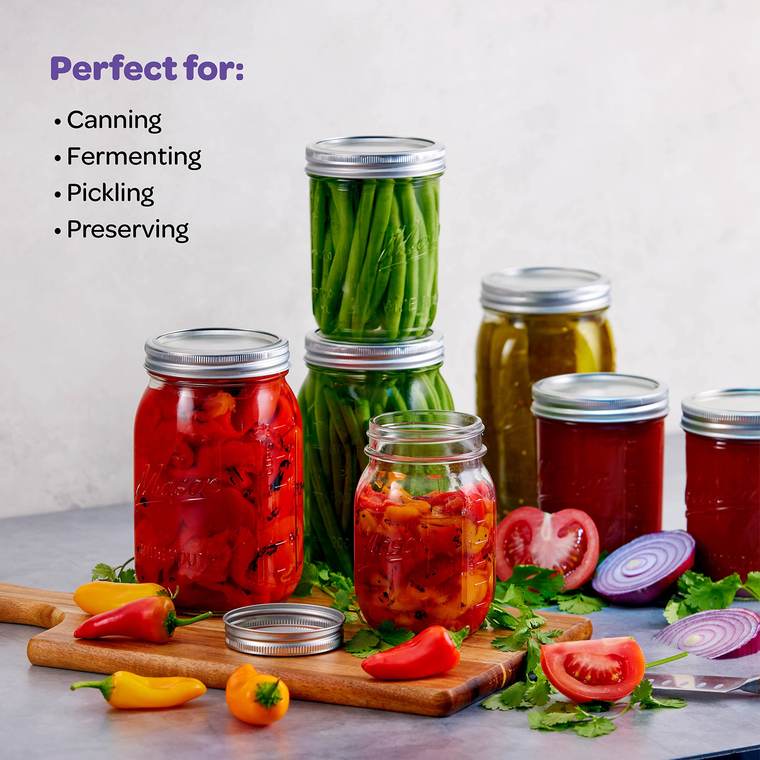 SEWANTA Wide Mouth Mason Jars 16 oz With mason jar lids and Bands, mason jars 16 oz - For Canning, Fermenting, Pickling - Jar Décor - Microwave/Freeze/Dishwasher Safe. (4)