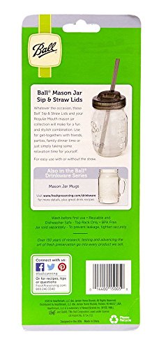 Ball Sip & Straw Lids, Fits Regular Mouth Mason Jars (2 Lids and 2 Straws)