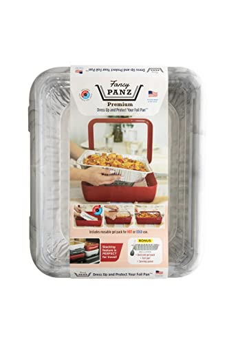 Fancy Panz Premium Dress Up & Protect Your Foil Pan, Made in USA. Hot/Cold Gel Pack, One Half Sized Foil Pan & Serving Spoon Included. Stackable for easy travel. (Marble)