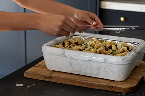 Fancy Panz Premium Dress Up & Protect Your Foil Pan, Made in USA. Hot/Cold Gel Pack, One Half Sized Foil Pan & Serving Spoon Included. Stackable for easy travel. (Marble)
