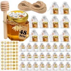 aliggbent honey jars,48 pcs mini honey jars party favors in bulk,1.5oz small hexagon glass honey jars with dipper,stickers,gold lid,charm,gift bags and jute,for baby shower,wedding favors(no honey)