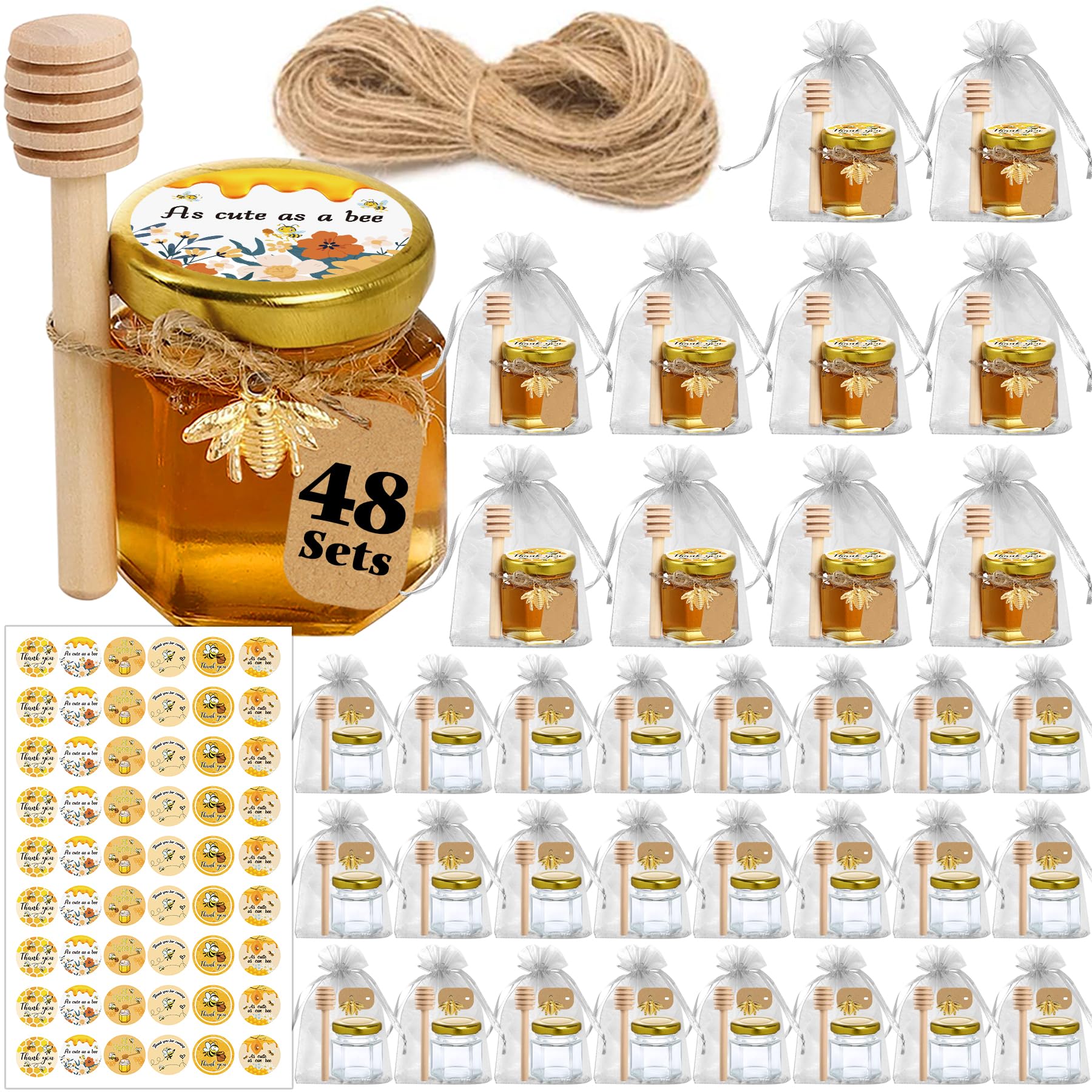 Aliggbent Honey Jars,48 Pcs Mini Honey Jars Party Favors in Bulk,1.5oz Small Hexagon Glass Honey Jars with Dipper,Stickers,Gold Lid,Charm,Gift Bags and Jute,for Baby Shower,Wedding Favors(No Honey)