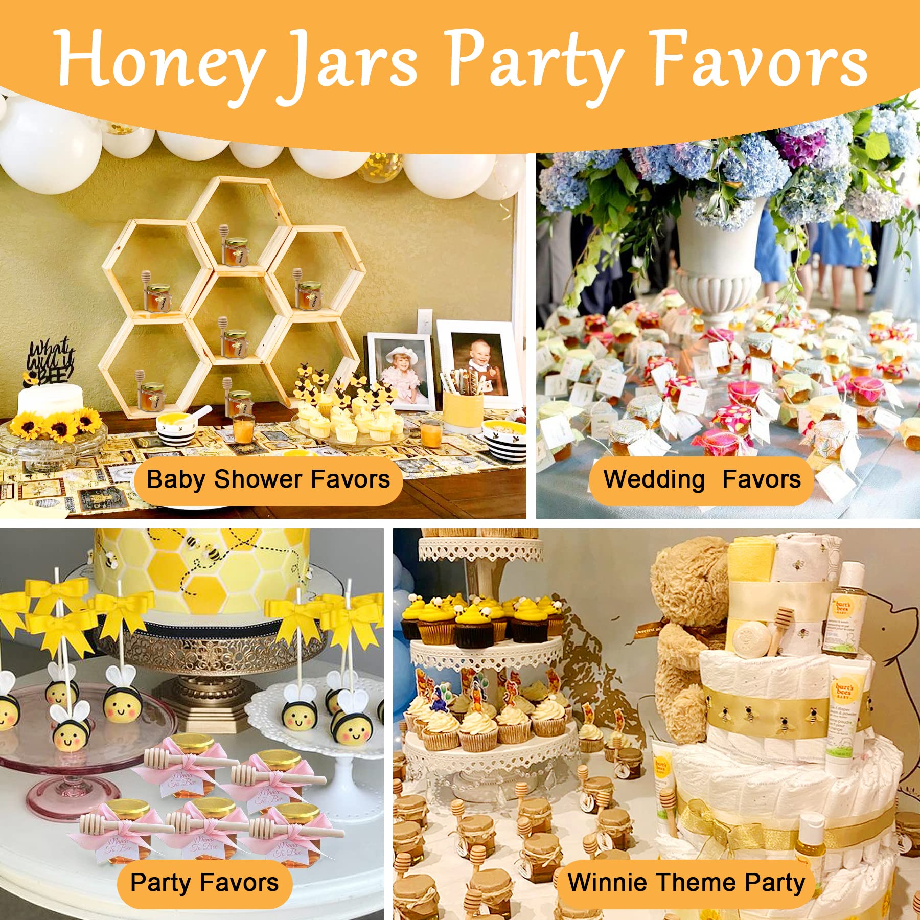 Aliggbent Honey Jars,48 Pcs Mini Honey Jars Party Favors in Bulk,1.5oz Small Hexagon Glass Honey Jars with Dipper,Stickers,Gold Lid,Charm,Gift Bags and Jute,for Baby Shower,Wedding Favors(No Honey)