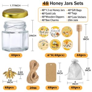 Aliggbent Honey Jars,48 Pcs Mini Honey Jars Party Favors in Bulk,1.5oz Small Hexagon Glass Honey Jars with Dipper,Stickers,Gold Lid,Charm,Gift Bags and Jute,for Baby Shower,Wedding Favors(No Honey)