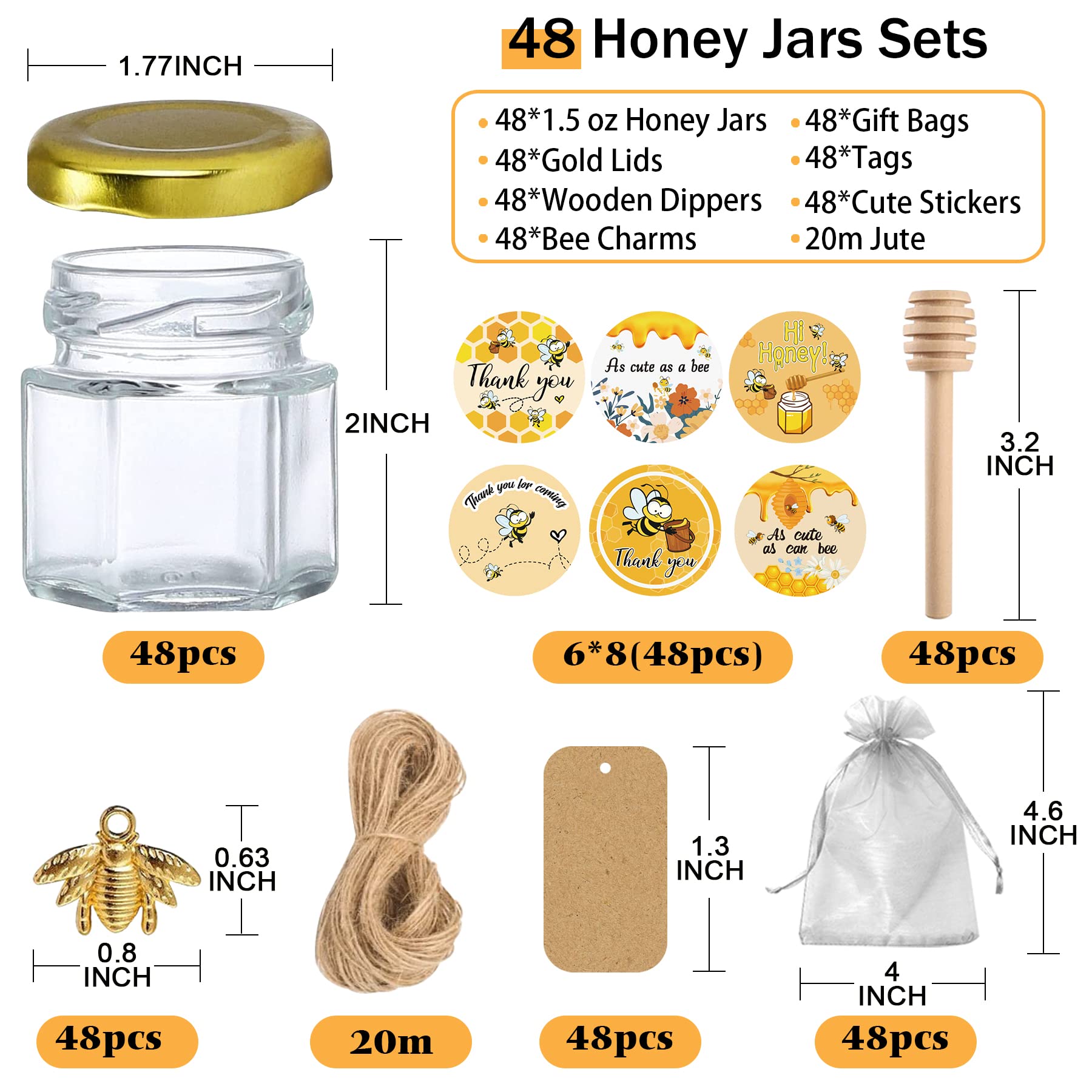 Aliggbent Honey Jars,48 Pcs Mini Honey Jars Party Favors in Bulk,1.5oz Small Hexagon Glass Honey Jars with Dipper,Stickers,Gold Lid,Charm,Gift Bags and Jute,for Baby Shower,Wedding Favors(No Honey)