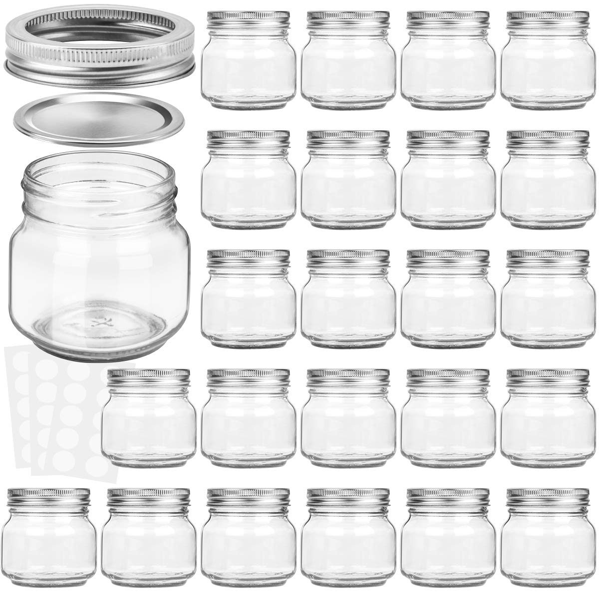 KAMOTA Mason Jars 8 oz With Regular Silver Lids and Bands, Ideal for Jam, Honey, Wedding Favors, Shower Favors, DIY Spice Jars, 24 PACK, 30 Whiteboard Labels Included