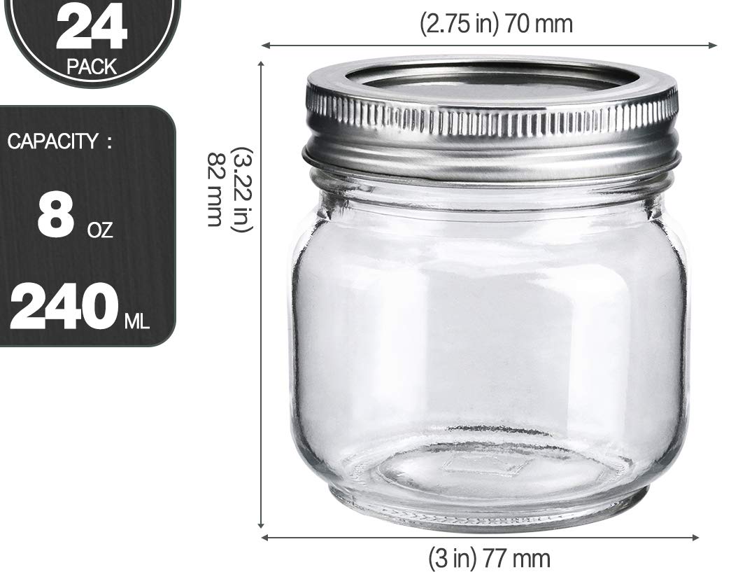 KAMOTA Mason Jars 8 oz With Regular Silver Lids and Bands, Ideal for Jam, Honey, Wedding Favors, Shower Favors, DIY Spice Jars, 24 PACK, 30 Whiteboard Labels Included