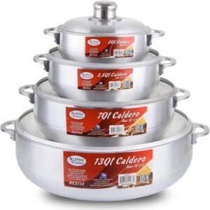 alpine cuisine aluminum caldero stock pot set (2/3.5/7/13 quart), cosine cooking dutch oven, serve large & small groups, riveted handles, commercial grade (8 piece set)