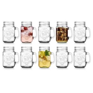 glaver's set of 10 ice cold 16 oz. mason drinking glasses with handles. quality refreshing ice cold embossed logo jars for beverages, cocktails, shakes, smoothies, sodas, juice.