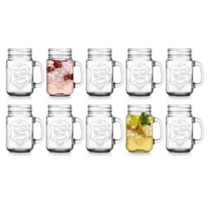 Glaver's Set of 10 Ice Cold 16 Oz. Mason Drinking Glasses With Handles. Quality Refreshing Ice Cold Embossed Logo Jars for Beverages, Cocktails, Shakes, Smoothies, Sodas, Juice.