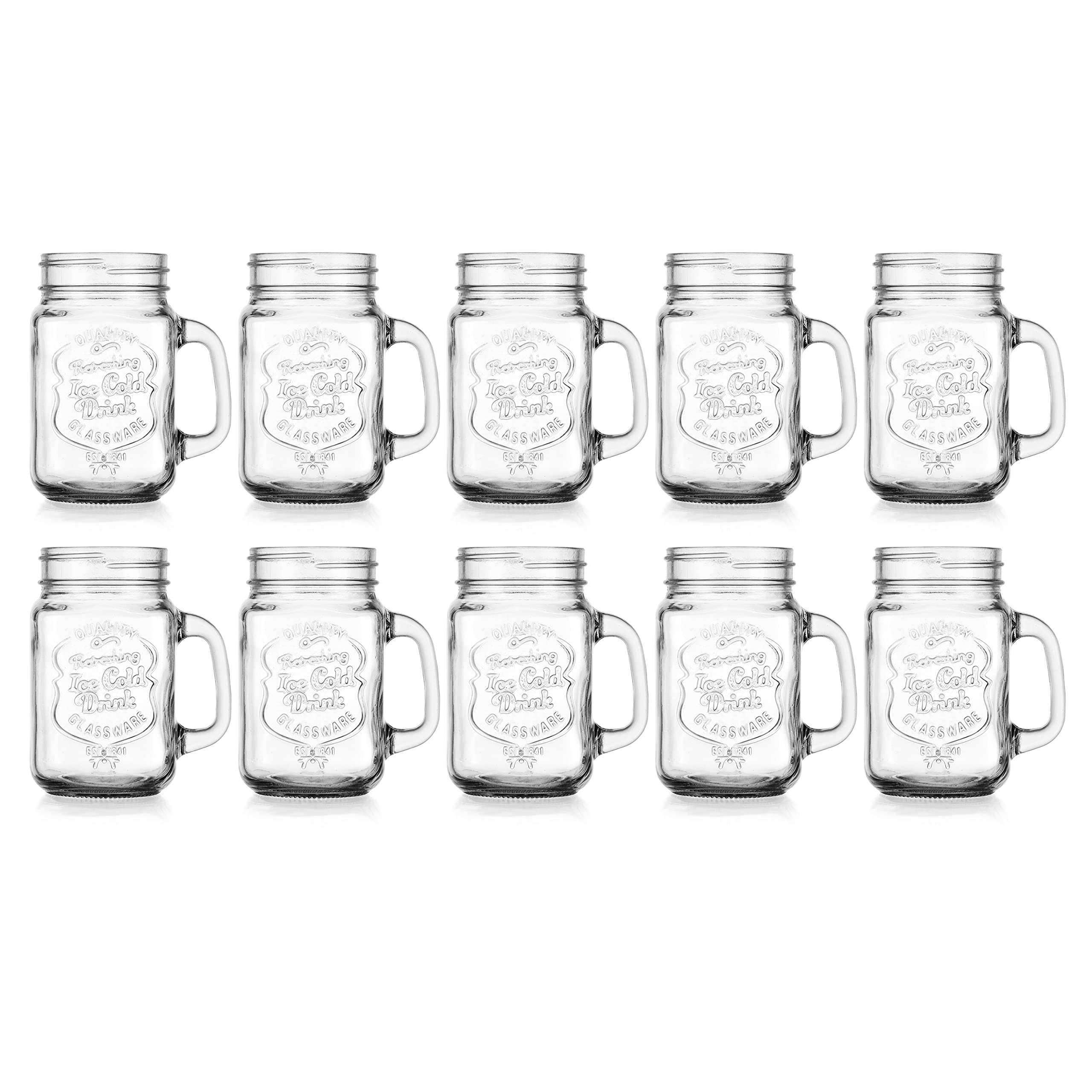 Glaver's Set of 10 Ice Cold 16 Oz. Mason Drinking Glasses With Handles. Quality Refreshing Ice Cold Embossed Logo Jars for Beverages, Cocktails, Shakes, Smoothies, Sodas, Juice.