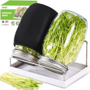 sprouting jar kit 2pcs large wide mouth mason jars with screen sprout lid,sprouting jar stand,tray,blackout sleeves,brush-seed sprouting kit for growing mung beans,broccoli and so on