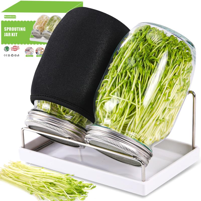 Sprouting Jar Kit 2Pcs Large Wide Mouth Mason Jars With Screen Sprout Lid,Sprouting Jar Stand,Tray,Blackout Sleeves,Brush-Seed Sprouting Kit For Growing Mung beans,Broccoli And So On