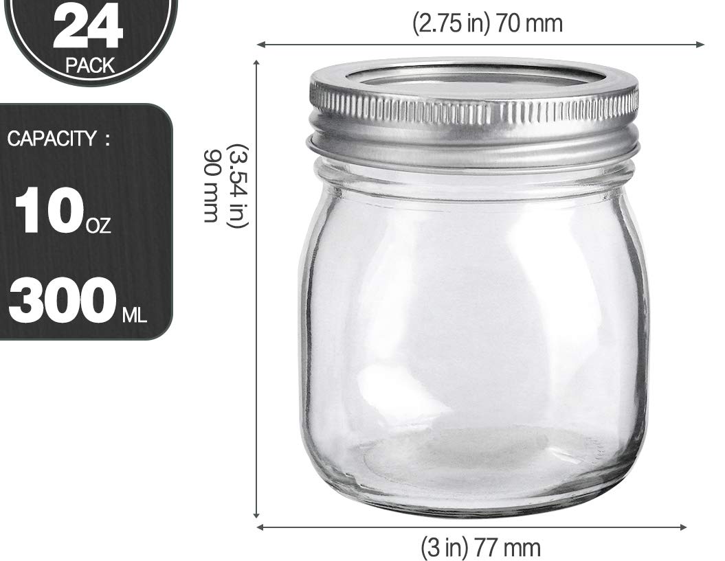 KAMOTA DIY Spice/Mason Jars 10 oz With Regular Lids and Bands, Ideal for Jam, Honey, Wedding/ Shower Favors, 24 PACK, 30 Whiteboard Labels Included