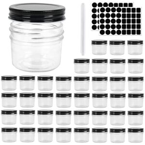 ekkovla 40 pack 4 oz glass jars with black lids, regular mouth mini mason jar, canning jars for baby food, honey, jam, jelly, wedding favor, shower favor, body butters, spice